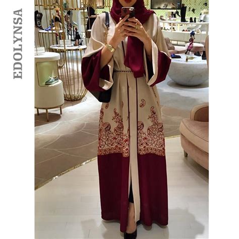 fancy abaya robe 2019 front open embroidery belted red muslim dress dubai abaya turkey morocan