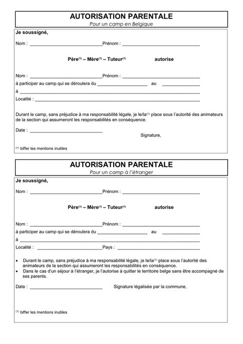 Autorisation Parentale Pour Un Camp Belgique DOC PDF Page 1 Sur 1