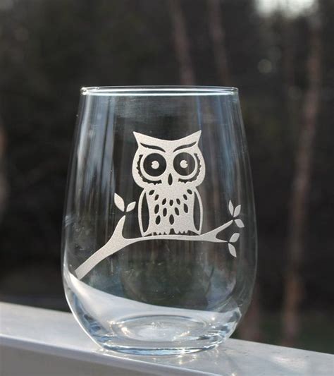 Custom Etched Wine Glass Stemless Wine Glasses Owl Wine Etsy Etched