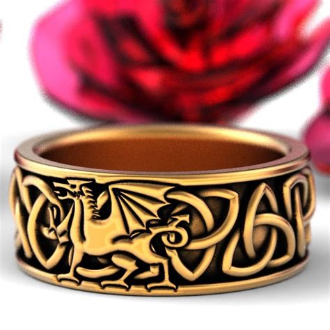 Welsh Dragon Ring Gold Dragon Ring Mens Wedding Band Celtic Viking