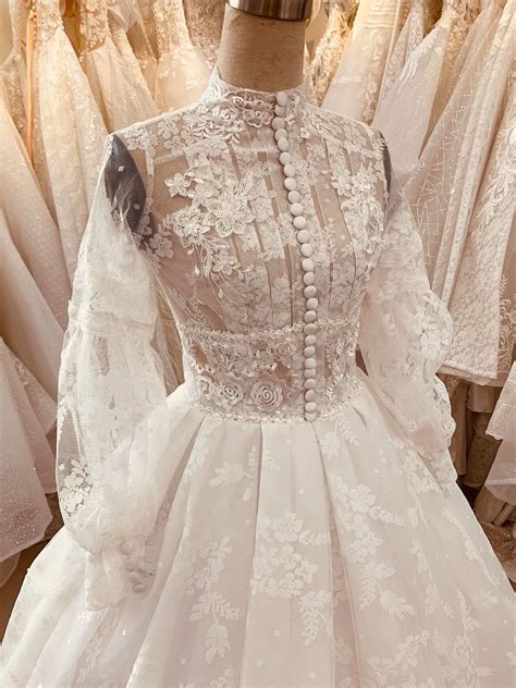 High Neck Long Sleeve Floral Lace White Ball Gown Wedding Dress