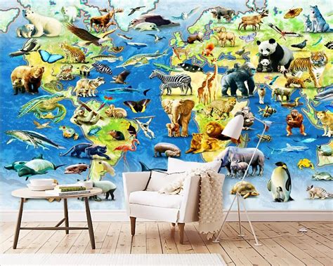 Custom Wallpaper 3d Animal World Map Childrens Room Background Wall