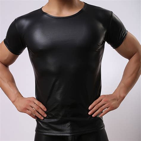 Hot Sale Fashion Mens Black Faux Leather Shirts Casual Tight Top Mens