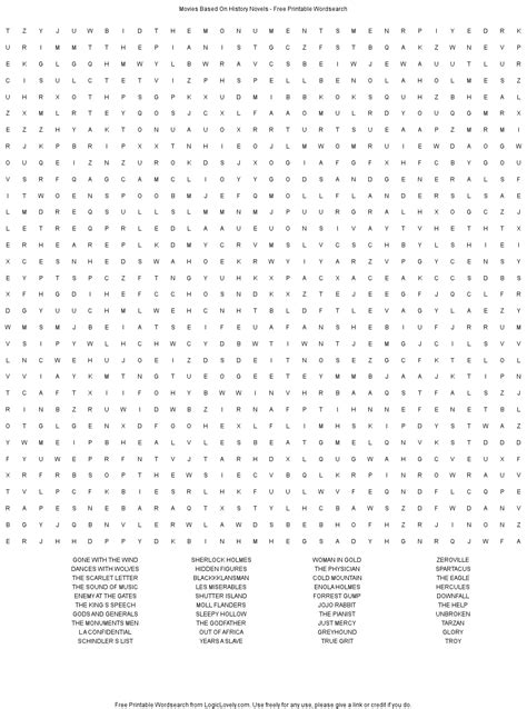 Movies Based On History Novels Word Search Hard Logic Lovely