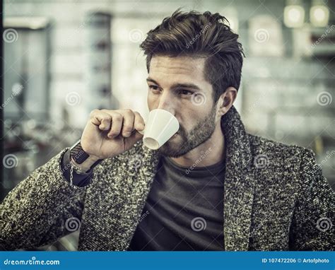 Attractive Man Drinking Coffee Stock Photo Image Of Closeup