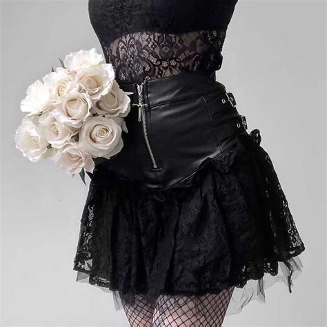 2020 Women Gothic Black Mini Skirt Steampunk Pu Leather Lace Skirt