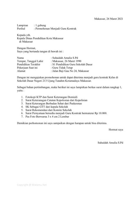 Contoh surat lamaran kerja ini tentunya bisa digunakan untuk melamar guru sd, guru smp, guru sma atau smk, dan guru pada pendidikan yang sederajat. Contoh Surat Lamaran Kerja Guru Kontrak di Sekolah Negeri dan Swasta - Matamu