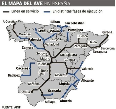 Схема линий высокоскоростных поездов Ave в Испании Билеты на поезд и