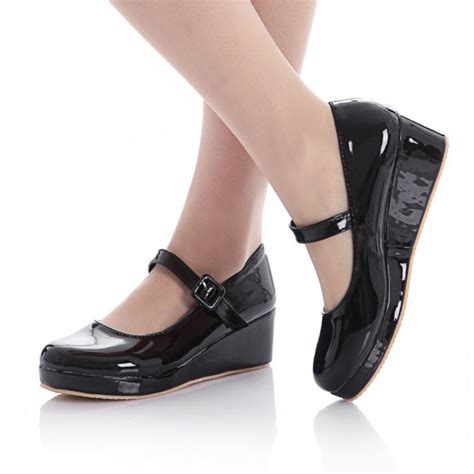 Black Patent Glossy Platforms Wedges Mary Jane Flats Shoes
