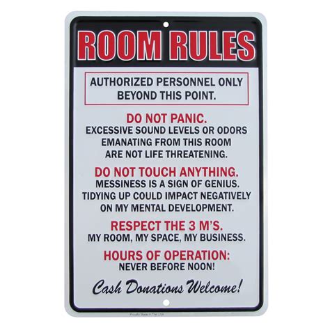 Every one of our beautifully designed wall stickers and wall quotes provide you with a stylish and modern way to decorate your room. Room Rules US Made Metal Sign Novelty Kids Bedroom Dorm ...
