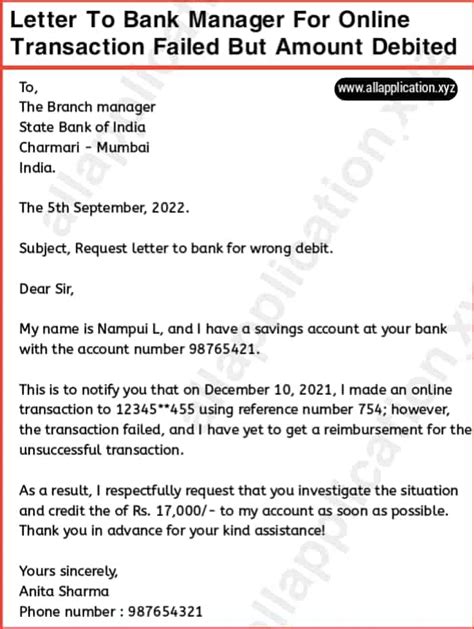 Letter To Bank Manager For Online Transaction Failed But Amount Debited