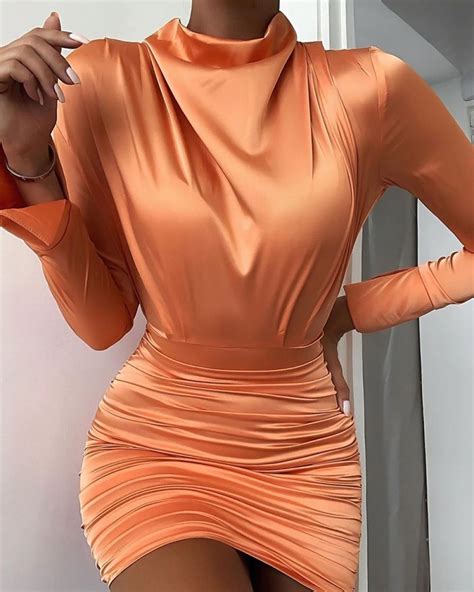 Solid Mock Neck Long Sleeve Satin Dress In Bodycon Dress Parties
