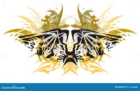 Grunge Peaked Eagle Butterfly With Gold Winged Dragons Stock Vector