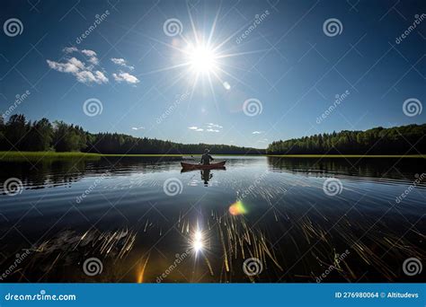 Person Paddling Their Canoe Over Glassy Lake With Sun Shining