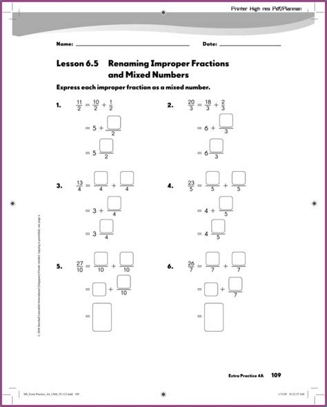 Rename Improper Fractions As Mixed Numbers Worksheets