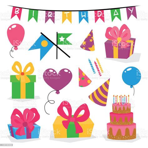 Set Of Vector Birthday Party Elements On White Isolated Background Eps