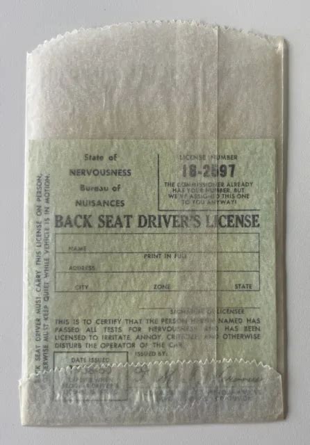 Vintage 1958 60 Back Seat Drivers License Hilarious Funny Gag T