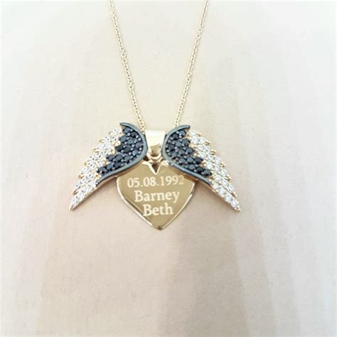 14K Real Solid Gold Elegant Double Angel Wings And Heart Personalized