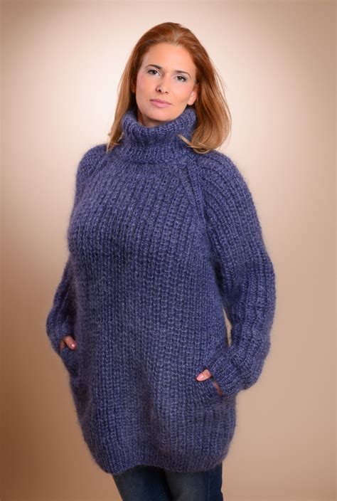 Turtleneck Mohair Sweater Chunky Knit Sweater With Pockets Etsy