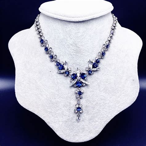 Fashion Luxury Navy Blue White Necklace Crystal Shiny Statement Glass