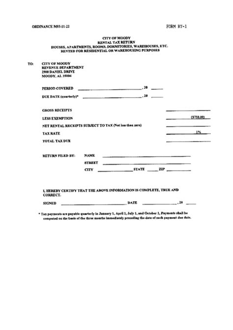 Form Rt 1 Rented For Residential Or Warehousing Purposes Printable