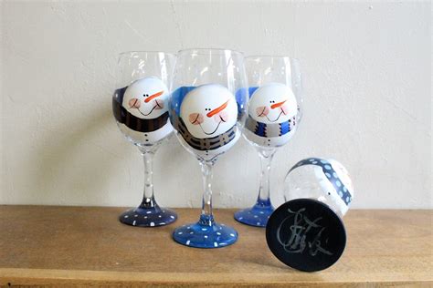 Snowman Wine Glasses Set Of 4 Blues Etsy