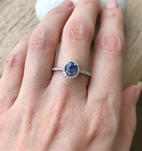 070ct Blue Sapphire Halo Diamond Engagement Ring Genuine Oval