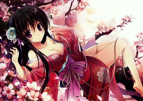Wallpaper 3681x2614 Px Black Blossoms Cherry Cleavage Clothes Flowers Hair Japanese