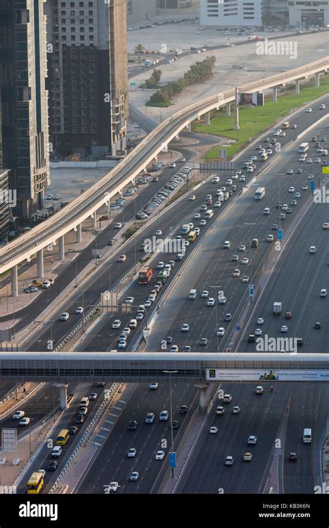 Uae Dubai Downtown Dubai Sheik Zayed Road Interchange Elevated View