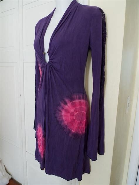 purple boho tie dye dress with lace inset bell sleeves love boho dress lace sleeves tie