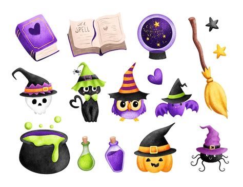 Premium Vector Watercolor Illustration Set Of Halloween Witch Elements