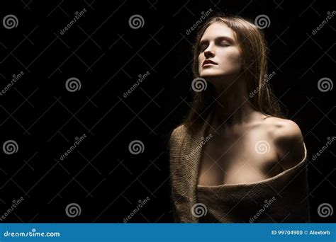 Vintage Portrait Of Naked Big Breast Sensual Girl Covered With B Stock Photography