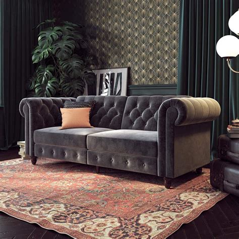 51 Tufted Sofas that Make Everyday Comfort Look Extraordinary Fashionable beige velvet cover is soft to the touch.