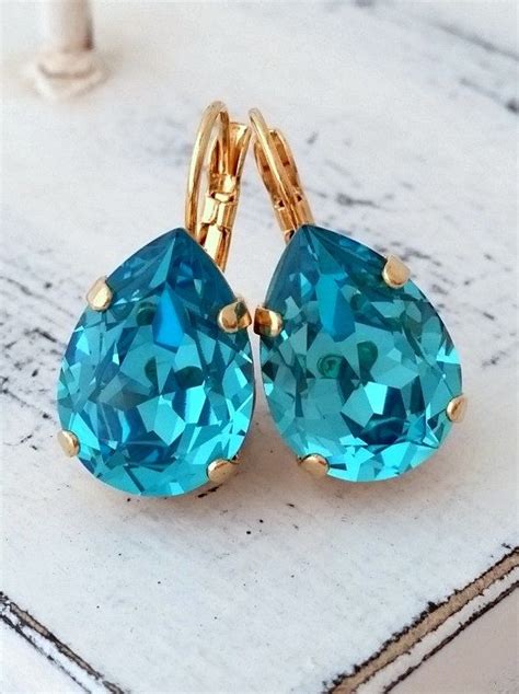 Teal Turquoise Crystal Earrings Swarovski Crystal Earrings By