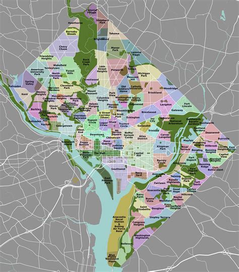Large Detailed Neighborhoods Map Of Washington Dc
