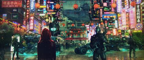 Science Fiction Cyberpunk Cityscape Soldier Asian