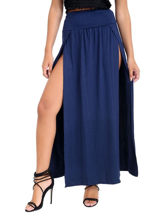 Womens Maxi Skirt Double Split High Waisted Side Slit Plain Summer Long