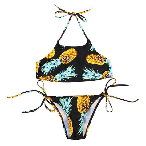 Fashion Womens Pineapple Printing Halter Padding Bikini Set Bikinis Print Swimsuit Swimsuits