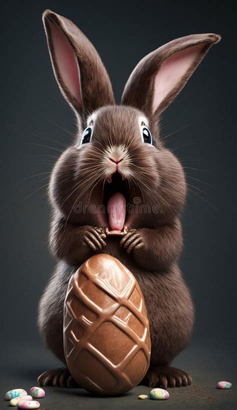 Excited Cute Easter Bunny Eating An Chocolate Easter Egg Stock