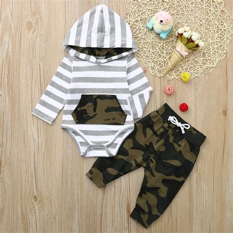 Muqgew Baby Boy Set Infant Baby Long Sleeve Striped Hoodie Romper