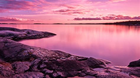 Wallpaper Sunset Scenery Lake Rocks Pink Sky 4k 8k