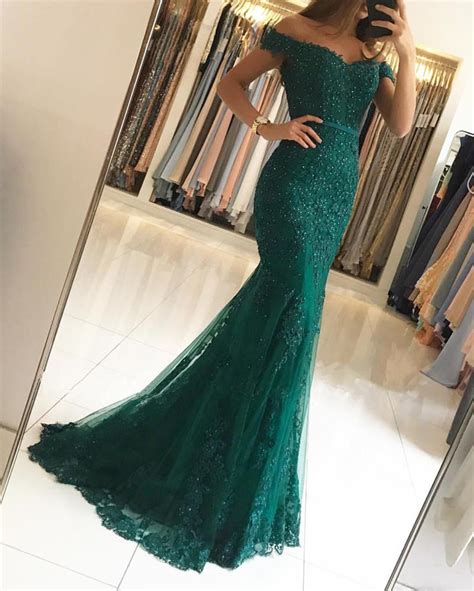 Dark Green Lace Prom Dressesoff The Shoulder Evening Gownsemerald