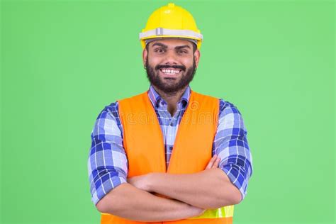 Happy Young Overweight Bearded Indian Man Construction Worker Smiling