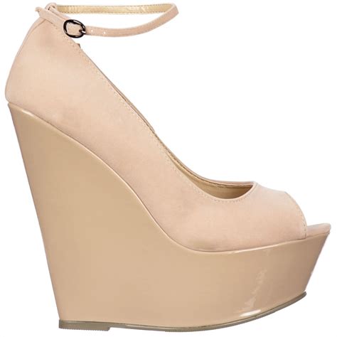 Onlineshoe Wedge Peep Toe With Ankle Strap Suede With Patent Heel