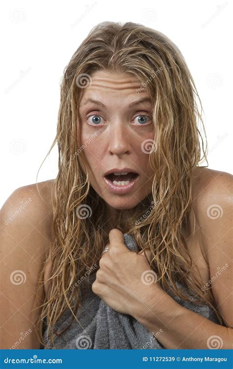 Closeup Of Woman Gets Out Of The Shower Surprised Stock Image Image Of Voyeurism Towel