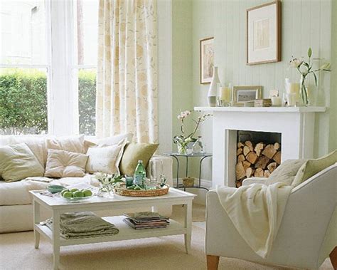 creamy white living room with accents of very light green and blue