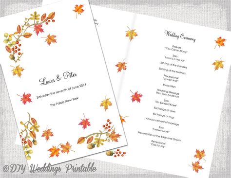 fall wedding program printable template fall diy