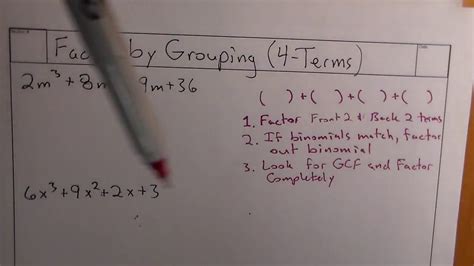 This algebra 2 video tutorial explains how to factor by grouping. Polynomials: Factor by Grouping (4 terms) - YouTube