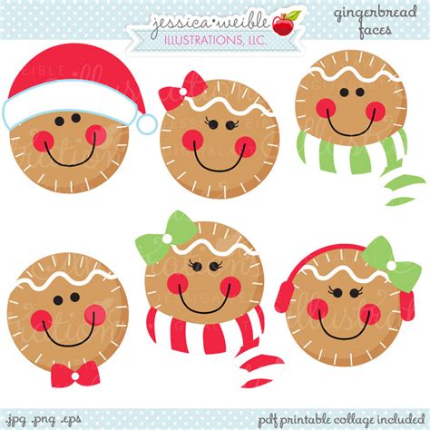 The unique and free pictures also feature christmas trees flanked by an edible santa. Gingerbread Faces Cute Christmas Digital Clipart Commercial