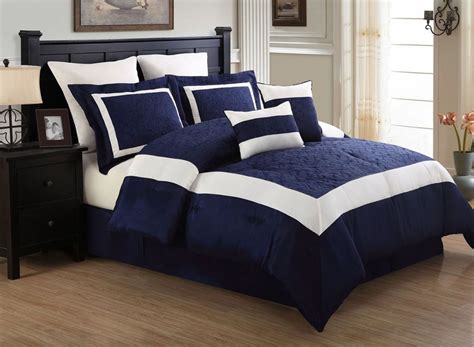 8 Piece Queen Luke Navy And White Embroidered Comforter Set Bedroom